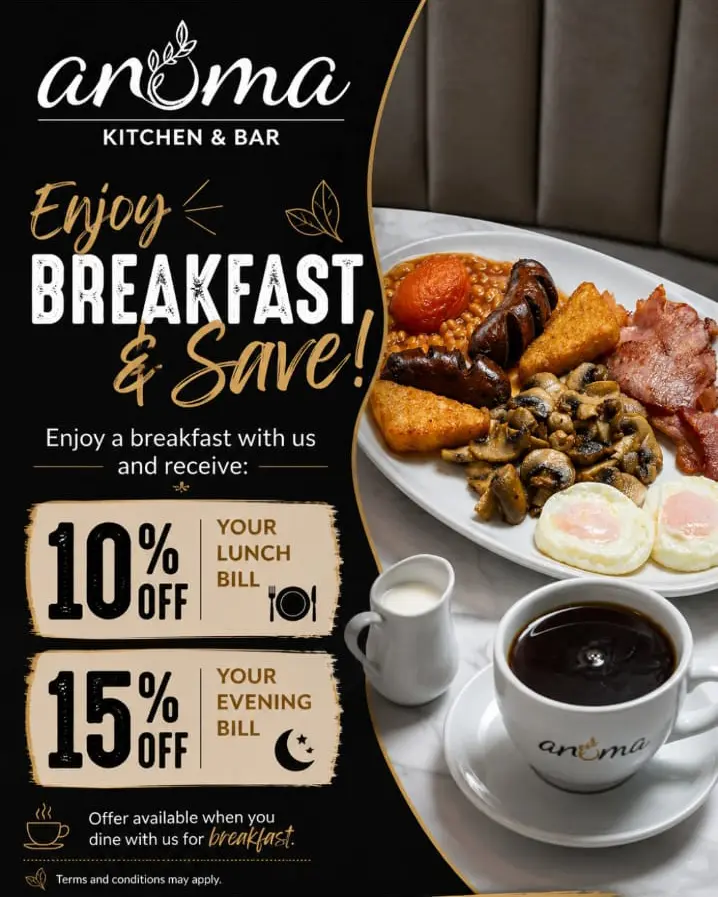 Enjoy breakfast and save 10 percent off your lunch bill and 15 percent off your evening bill